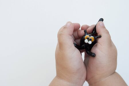 toy glass black cat in the hands of a young child on a white background. a small child of three years old is holding a black toy cat with yellow eyes in her handsの写真素材