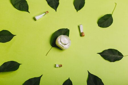 Eco cosmetics. A jar of white cream and the leaves of the tree on a green background. Skin care.の写真素材