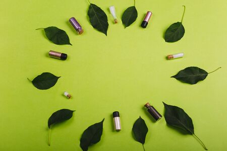 Cosmetics lines in a circle. Green leaves.の写真素材