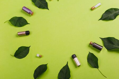 Cosmetics lines in a circle. Green leaves.の写真素材