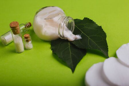 Eco cosmetics. A jar of white cream and the leaves of the tree on a green background. Skin care.の写真素材