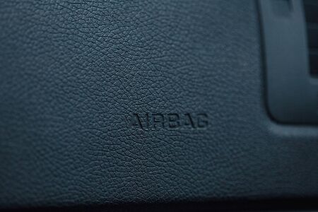 close up of airbag steering wheel symbol, Airbag deployed air cushion during collision