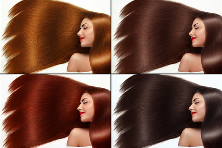 Different Hair Tones.Coloring Hair.Beautiful woman with luxurious long hair. Treatment, care. Smooth Hairstyle. Tints.の写真素材