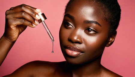 A woman holds a dropper bottle while applying serum to her face, highlighting her radiant skin and glowing complexion in a bright pink setting.の素材
