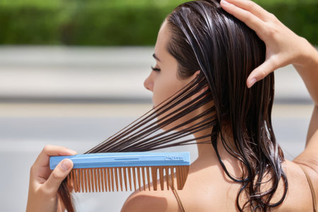 A person is gently combing their long, wet hair while enjoying a sunny day outdoors, showing the soft texture and flow of the strands as they groom.の素材