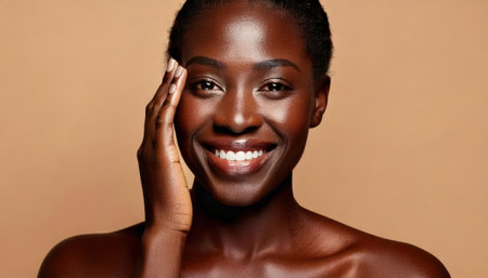 A model showcases a bright smile while softly touching her face, set against a smooth, neutral colored background in a studio.の素材