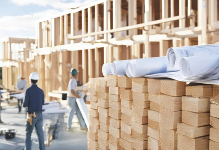 Workers on a construction site examine building plans while standing near piles of lumber under a clear sky. The project appears to be in early stages.の素材