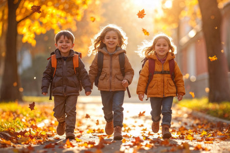 Three children happily walk together on a sunny fall day, surrounded by colorful leaves falling from trees, enjoying the beauty of autumn.の素材