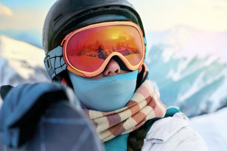 A snowboarder dressed in full winter attire with reflective goggles enjoys a scenic mountain viewの写真素材