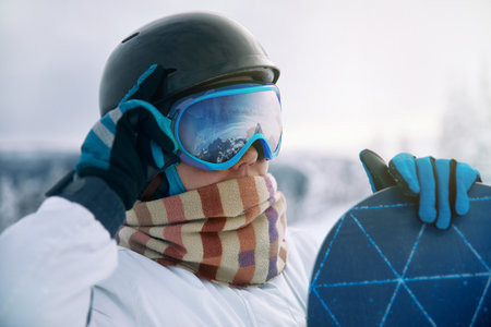 Portrait Of Woman On The Background Of Mountains. Holding a Snowboard And Wearing Ski Glasses.の写真素材