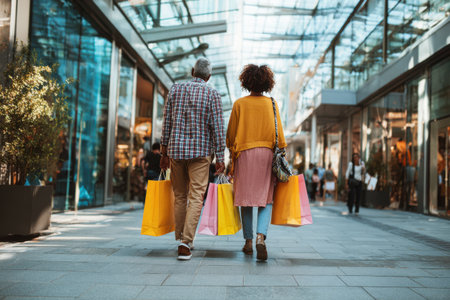 A couple walks hand in hand through a busy mall, carrying colorful shopping bags, while enjoying a lively shopping experience on a sunny day.の素材