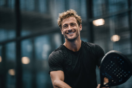 An athlete with a bright smile prepares for a padel tennis match in a sleek indoor facility filled with natural light during an evening practice session.の素材