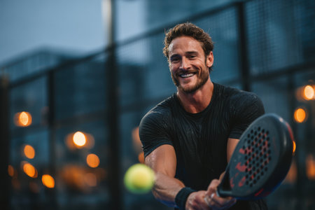 A joyful man holds a paddle and prepares to hit a ball while playing paddle tennis on an outdoor court in a bustling city as dusk approaches.の素材