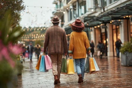 A couple walks hand in hand with shopping bags, enjoying an afternoon at a vibrant outdoor market filled with people and festive decorations.の素材