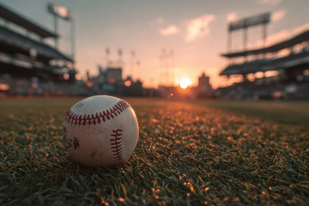 A baseball sits on the grass at the stadium, glowing in the light of the setting sun. The scene evokes excitement for the game and the beauty of the dusk sky.の素材