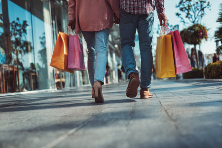 A couple walks closely together, holding hands and carrying colorful shopping bags, enjoying a sunny day at a busy outdoor shopping center.の素材
