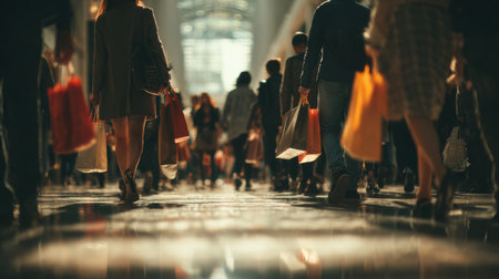 Crowds move through a bustling shopping mall, each individual holding bright shopping bags as the warm light filters in from above.の素材