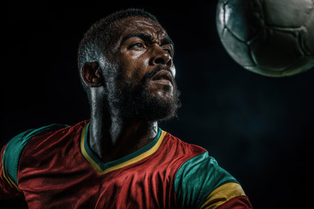 Intense soccer player focuses on the ball approaching him, showcasing skill and concentration while training in a dark environment at night.の素材