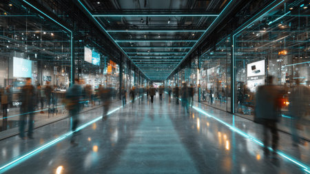 A lively shopping corridor filled with people during the evening, featuring bright technology displays and a futuristic atmosphere enhanced by neon lights.の素材
