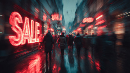 Crowds of people walk through a lively street filled with bright sale signs as the sun sets, creating a bustling shopping atmosphere on a rainy evening.の素材