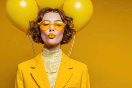 A young model poses confidently, wearing a yellow outfit and sunglasses, surrounded by matching balloons against a bright yellow background, creating a cheerful atmosphere.の素材