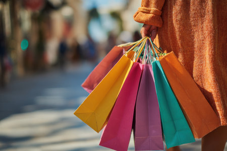 A person carrying several colorful shopping bags walks through a bustling outdoor market on a sunny day, enjoying the lively atmosphere and vibrant surroundings.の素材