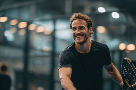 A young man enjoys a tennis practice indoors, displaying a joyful expression while holding a racket in an energetic moment.の素材