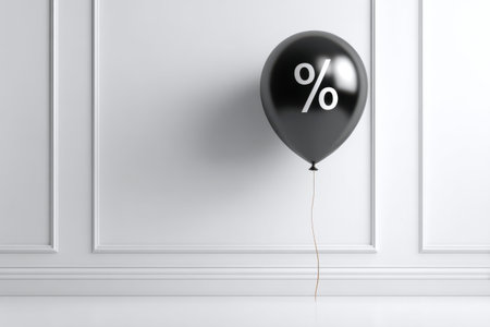 A black balloon displaying a percentage symbol is suspended against a plain white wall, enhancing the contemporary decor suitable for a sale or event.の素材