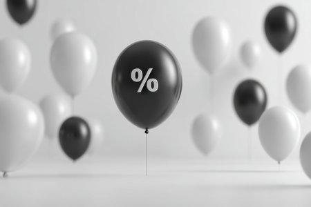 Balloons in black and white fill a bright space, with one black balloon displaying a percentage symbol, suggesting a promotional event or discount offer happening soon.の素材