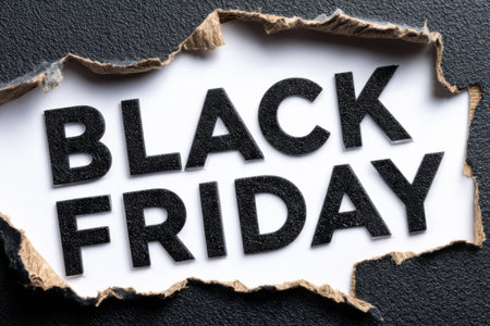 Bold letters announcing Black Friday are set against a torn paper background, highlighting the excitement of shopping deals available during the holiday sale.の素材