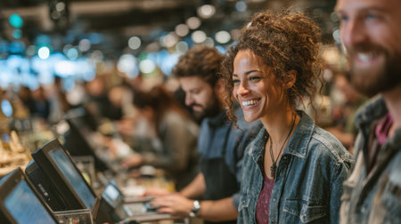 Friendly staff assist customers with smiles during a bustling shopping rush in a lively urban store environment filled with activity.の素材
