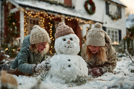 Two children joyfully create a snowman in a snowy yard, surrounded by festive lights and decorations, capturing the spirit of winter and holidays.の素材