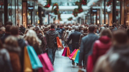 Many people fill a busy shopping mall during the holiday season, carrying vibrant shopping bags while enjoying the festive decorations and atmosphereの素材