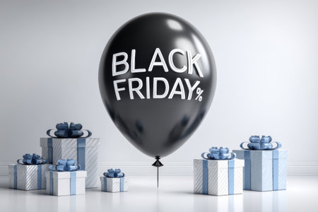 A large black balloon with bold white lettering announces Black Friday, surrounded by neatly stacked blue and white gift boxes in a bright indoor space.の素材