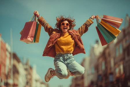 A joyful woman jumps high in the air, holding colorful shopping bags, enjoying a sunny afternoon in a bustling street market filled with shops and people.の素材