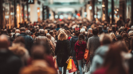 Large groups of people fill a shopping center as they carry bags filled with purchases. The scene captures the energy of holiday shopping and social interaction.の素材