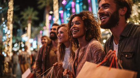 Friends are joyfully shopping and sharing laughter in a vibrant city street adorned with colorful lights and festive decorations at night.の素材