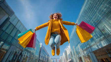 A woman with curly hair joyfully leaps in the air, holding bright shopping bags outside, enjoying a sunny day at an outdoor shopping center.の素材