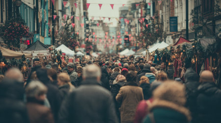 A busy street market features many people exploring festive stalls decorated with colorful lights and banners, creating a lively atmosphere in the city.の素材
