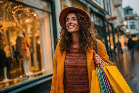 A joyful woman strolls through a lively street, wearing a yellow hat and colorful outfit. She carries shopping bags while enjoying the rainy atmosphere around her.の素材