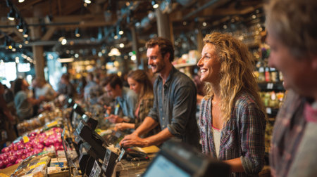 Shoppers enjoy a lively marketplace filled with fresh produce and goods, while friendly vendors assist customers in a sunny, energetic atmosphere.の素材