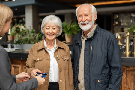 Elderly couple shares a delightful interaction with staff in a stylish restaurant, smiling and looking pleased as they prepare for a meal.の素材
