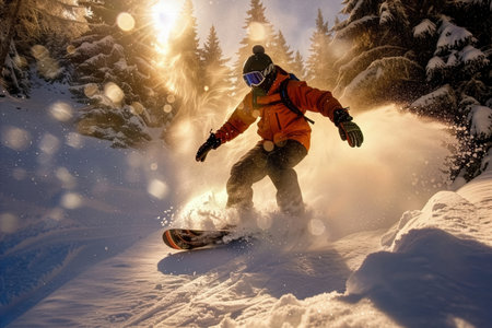 Snowboarder catches air while riding down a snowy slope, with sunlight filtering through trees, creating a magical winter atmosphere and capturing the thrill of the sport.の素材