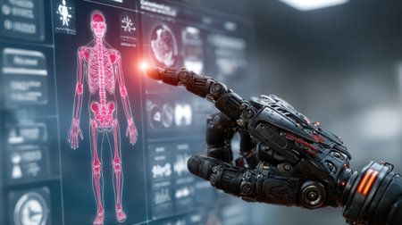 A robotic hand points at a glowing digital representation of human anatomy, showing advanced technology in a high-tech medical environment.の素材