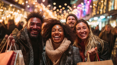 A group of four friends smiles joyfully while holding shopping bags at a vibrant market filled with colorful lights during the evening hours.の素材