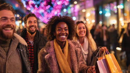 A group of friends walk cheerfully down a busy street filled with colorful holiday lights, holding shopping bags and laughing together during the evening.の素材