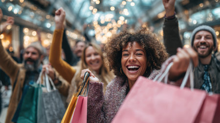 A group of friends joyfully holds shopping bags, smiling widely in a cheerful mall filled with festive lights and decorations.の素材