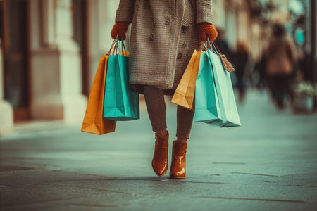 A person strolls through a busy city street holding colorful shopping bags on a cool day, showing the joy of shopping and urban life.の素材