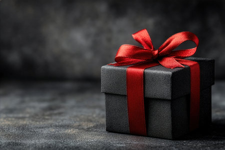 A stylish black gift box is wrapped with a vibrant red ribbon, sitting on a dark textured surface, perfect for celebrating birthdays, holidays, or special events.の素材