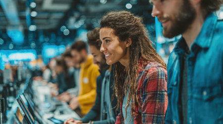 Young adults browsing the latest technology products in a busy electronic store, enjoying the vibrant atmosphere and exploring various devices.の素材